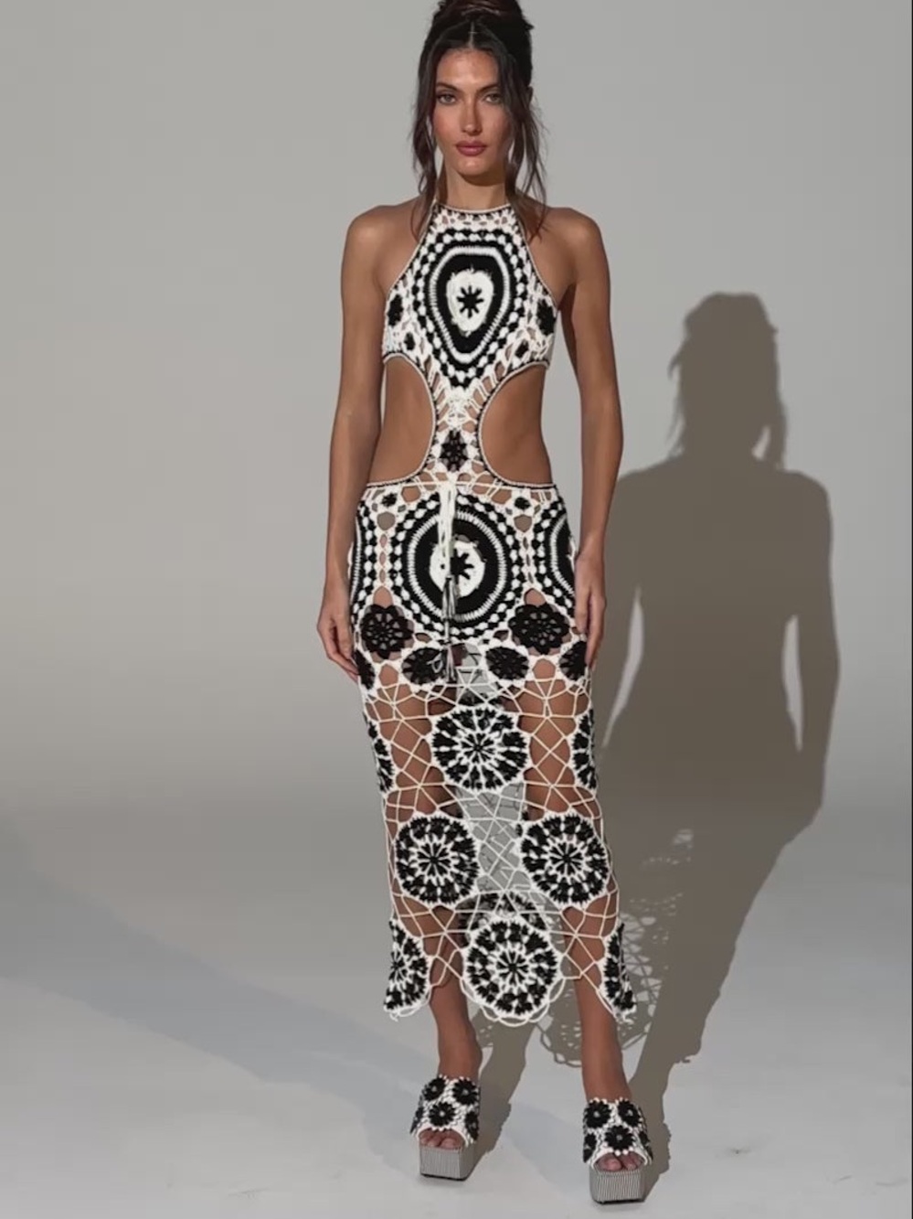 Akira Crochet Midi Dress Black White Cutout Halter Been That Girl Small